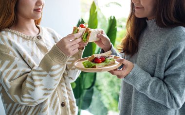 İki kadın, tahtadan tabakta kepekli sandviçi birlikte tutuyor ve yiyorlar.