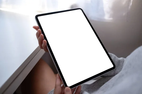 Mockup Image Woman Holding Digital Tablet Blank White Desktop Screen — Stock Photo, Image