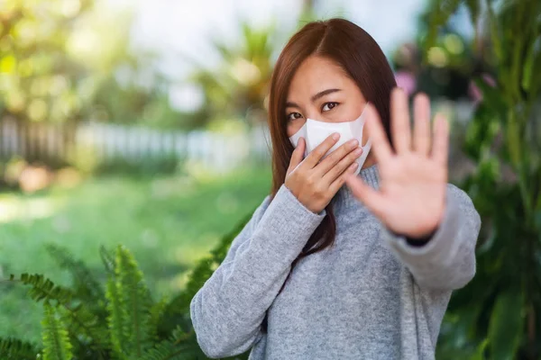 Closeup Image Asian Woman Wearing Protective Face Mask Making Stop — Photo