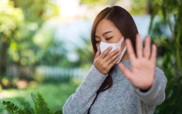 Closeup Image Asian Woman Wearing Protective Face Mask Making Stop — Photo