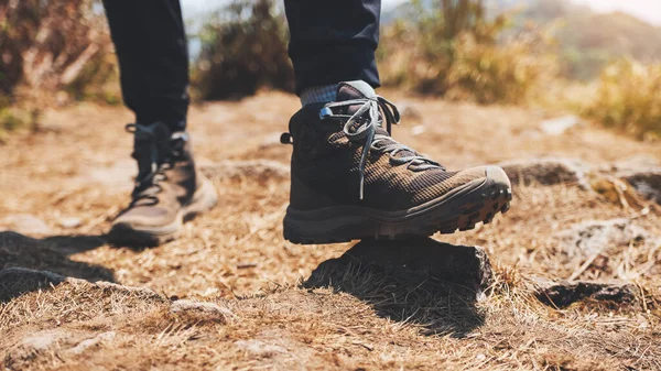 Closeup Image Woman Hiking Trekking Boots Top Mountain — Stock Photo, Image