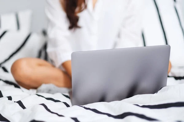 Closeup Image Woman Using Working Laptop Computer While Sitting White — Zdjęcie stockowe