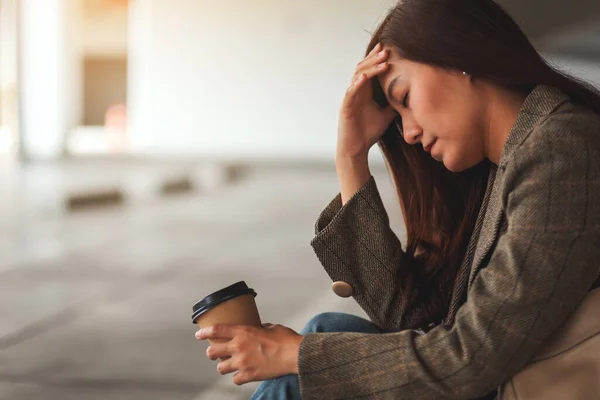 Stressed Headache Young Asian Woman Sitting Alone — Photo