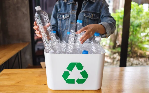 Woman Collecting Separating Recyclable Garbage Plastic Bottles Trash Bin Home — Stock Photo, Image