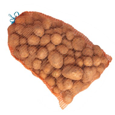 Beyaz arka planda patates torbası. Üst görünüm
