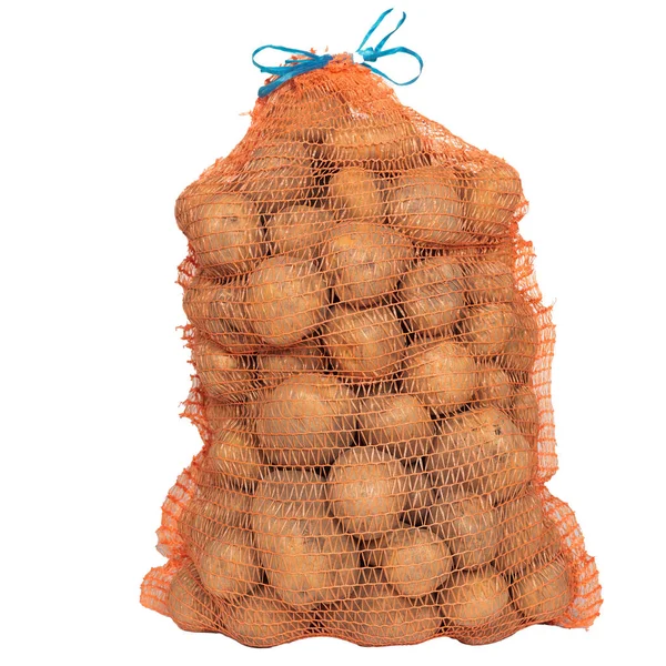 Zak Van Eco Verse Rauwe Aardappelen Geïsoleerd Witte Achtergrond — Stockfoto