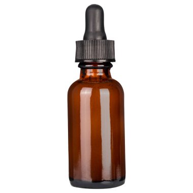 Düşüren Şişe Model. Kozmetik şişe ve beyaz arka planda gerekli yağlı pipet. Kehribar rengi eczane sınıfı, siyah kapaklı ve damlalı boş cam şişe..