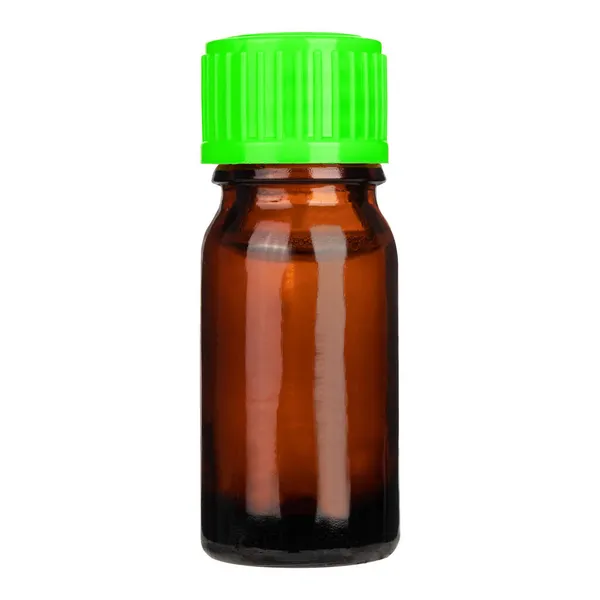 Botella Medicinal Vidrio Ámbar Con Tapa Verde Aislada Sobre Fondo —  Fotos de Stock