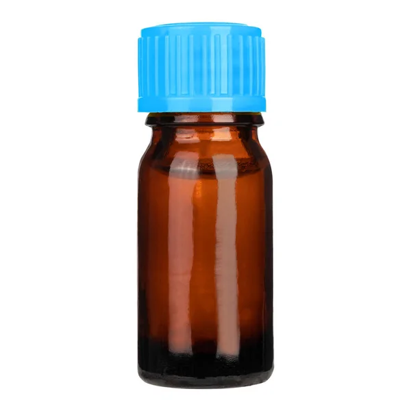 Bottiglia Vetro Medica Flacone Vetro Ambrato Con Tappo Blu Isolato — Foto Stock