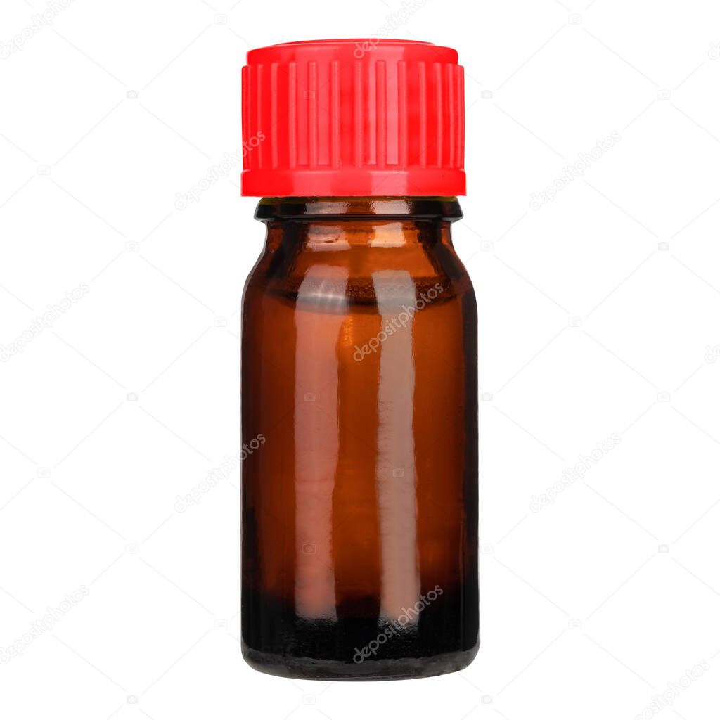 Amber color small pharma grade empty glass bottle with red cap.