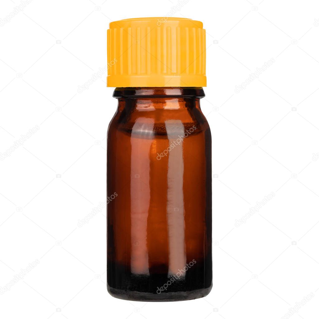 Amber color bottle with orange cap on a white background, isolated.