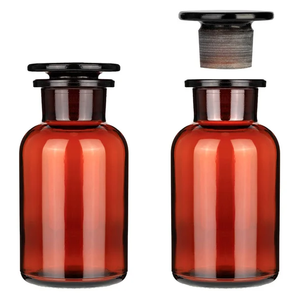 Gesloten Medische Fles Bruin Kleurglas Glazen Potten Met Chemicaliën Open — Stockfoto