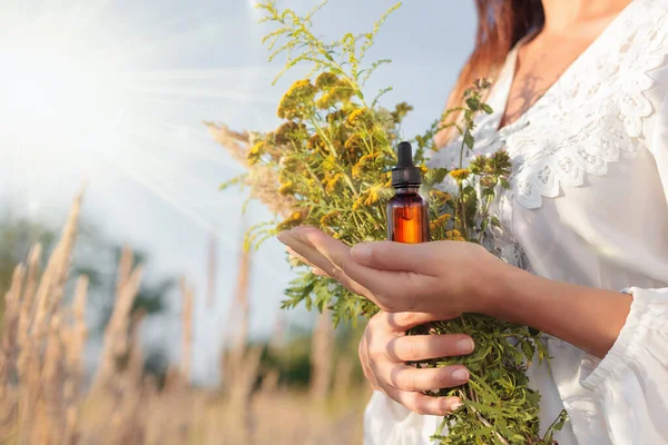 Médecine Naturelle Base Plantes Dans Flacon Compte Gouttes Copier Espace — Photo