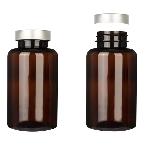 Una Bottiglia Marrone Vuota Una Vitamina Supplemento Tappo Argento Isolato — Foto Stock