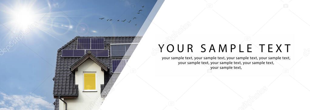 Solar panels on a modern house, copy space for text. Panoramic Banner.