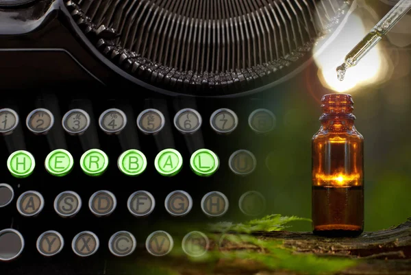 Inskripsi Herbal Pada Mesin Ketik Lama Organik Bio Alternatif Obat — Stok Foto