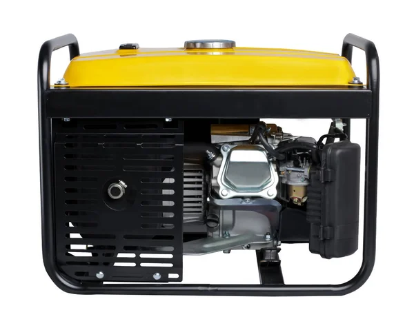 Elektrische Wisselstroomgenerator Geïsoleerd Wit Gele Draagbare Benzinegenerator Zijaanzicht — Stockfoto