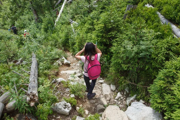 Mujer Joven Vagabunda Con Mochila Eleva Cima Montaña Contra Fondo — Foto de Stock