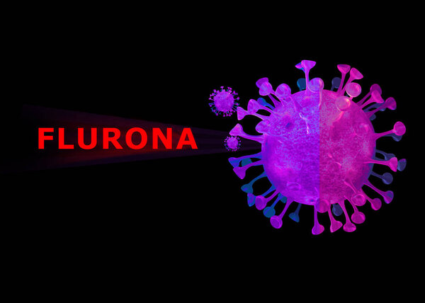 "Flurona "новый вариант вируса. Новая мутация ковидового вируса. Иллюстрация.