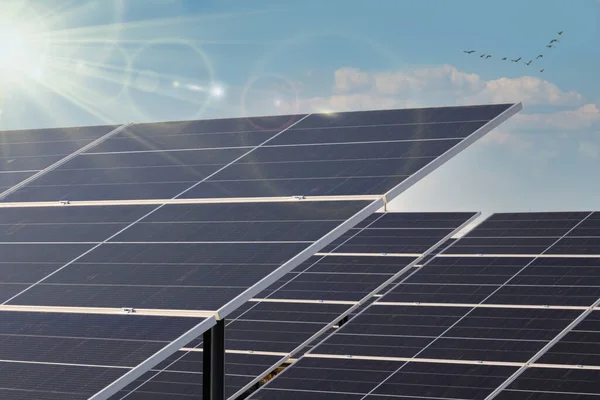 天空背景上的太阳能电池板 美丽的太阳能农场 — 图库照片