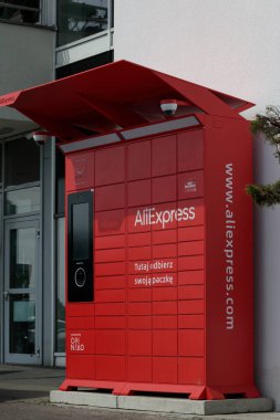 Poznan, Poland. 19 May 2022: Aliexpress Parcel Post, a Chinese sales site, was launched in 2010 as a platform dedicated solely to retail sales. AliExpress red locker, called packageshop