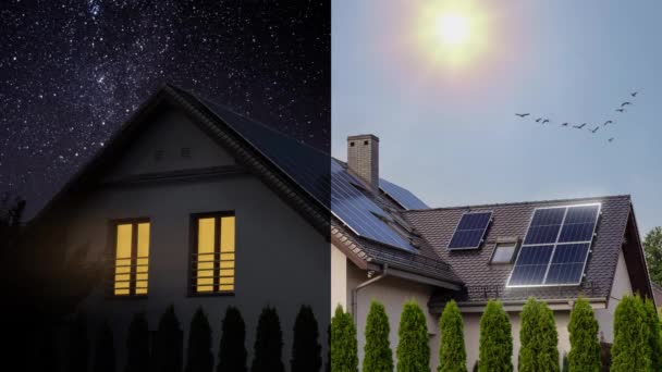 Солнечные Панели Шпалерной Крыше Красивый Современный Дом Солнечная Энергия Принцип — стоковое видео