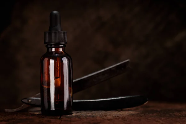 Barbershop Concept Barber Tools Razor Bottle Beard Oil Dark Wooden — Stock Photo, Image