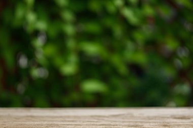 Tahta masa ve bulanık yeşil bahçe arka planı. Arkaplanda çözünmüş yeşil yemyeşil yapraklı boş ahşap masa.