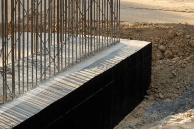 A section of formwork with reinforcement. Construction of viaduct, bridge. Solid reinforced concrete construction Close-up