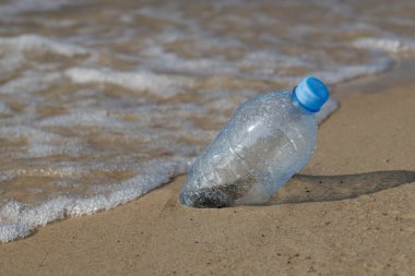 Deniz kıyısındaki Mavi Plastik şişe, kirlilik ekosistem gezegeni tasarruf kavramı.