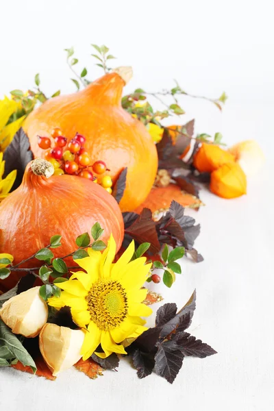 Arreglo de otoño con calabazas Hokkaido y girasoles — Foto de Stock