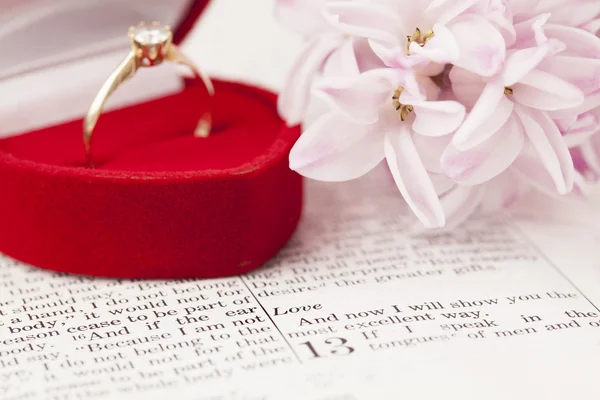 성경과 약혼 반지 — 스톡 사진