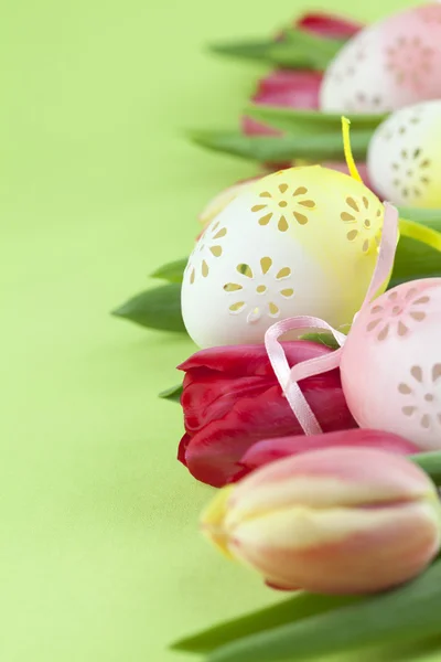 Virágos húsvét tojás és tulipán határ — Stock Fotó