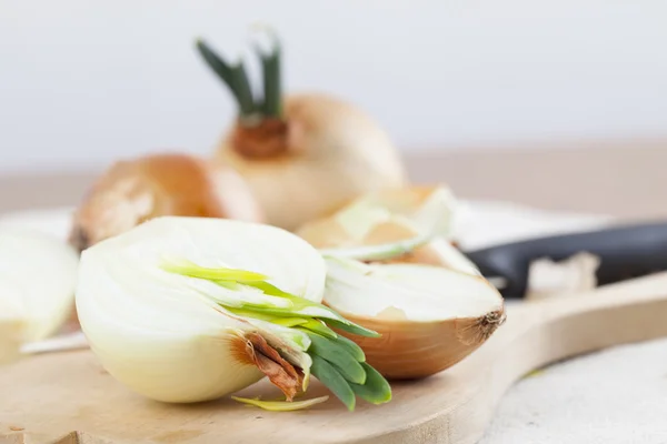 Zwiebeln auf Schneidebrett — Stockfoto