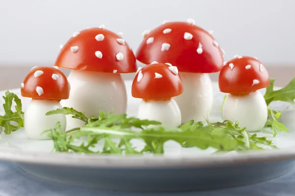 Hongos agáricos con mosca de tomate y huevo —  Fotos de Stock