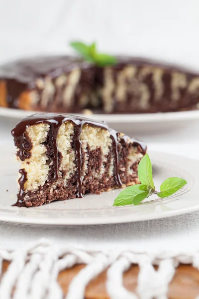Зебра мраморный торт с шоколадной глазурью — стоковое фото