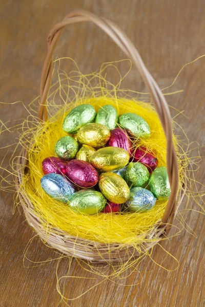 Chocolate eggs in a basket — Stock Photo, Image
