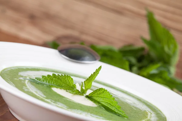 Nettle cream soup with sour cream — Stock Photo, Image