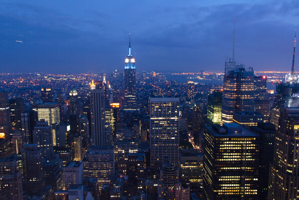 Blue hour view of Midtown Manhattan, Empire State and skyscrapers