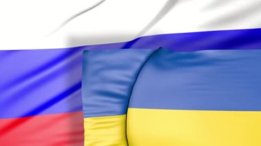 Rus ve Ukrayna bayrakları sallıyor. Ukrayna ve Rusya savaş konsepti.
