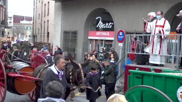 Reus, Spain. March 2022: Catholic priest blessing domestic and farm animals during the festivity of san antonio and the typical catalan parade called Tres tombs — Stock Video