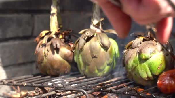 Closeup of a Grilled artichokes and chorizo roasted directly on the fire. — Stock Video