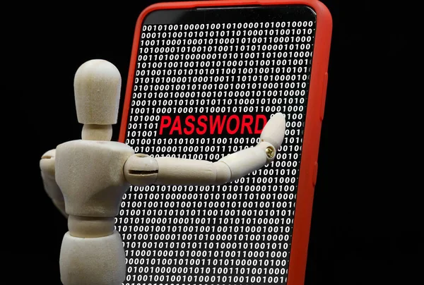 Wooden Mannequin Touching Smartphone Word Password Screen Phishing Email Cyber — Stock Photo, Image