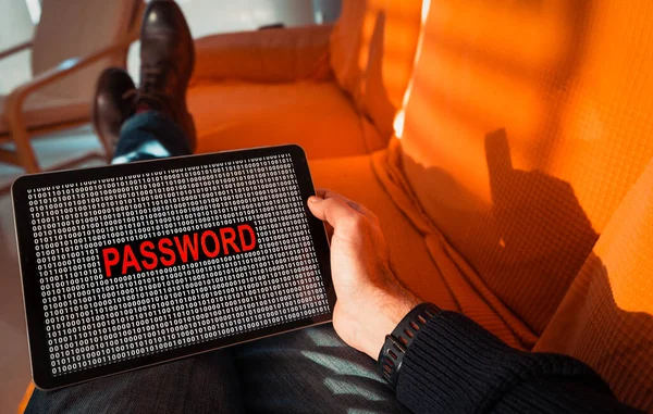 Man Holding Tablet Word Password Screen Phishing Email Cyber Thief — Stock Photo, Image