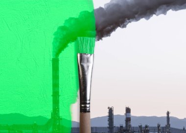 hand putting a band aid on smoke stack. Greenwashing malpractice concept clipart
