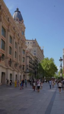Barcelona, Spain. August 2022: Vertical view of Portal del Angel, most visited pedestrian street in large shopping area of Barcelona on sunny summer day, Spain