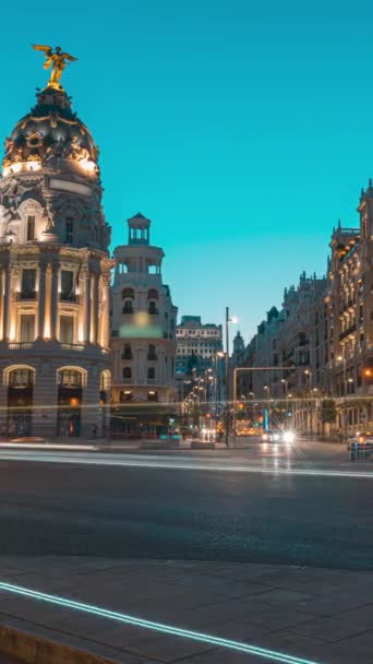 Мадридський Центр Часу Провалля Рух Годину Пік Знаменитому Перехресті Показує — стокове відео