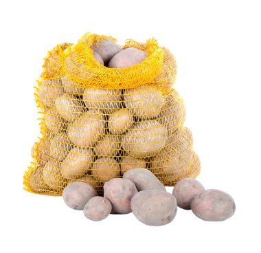 Beyaz bir arka plan üzerine bir torba patates