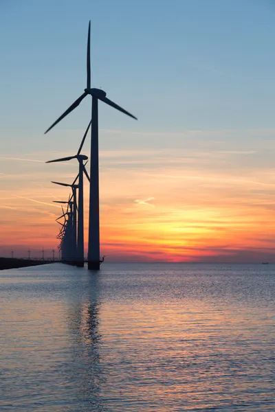 Longue rangée d'éoliennes avec coucher de soleil sur la mer — Photo