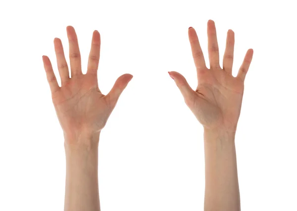 Ženské ruce ukazující deset prstů izolovaných na bílém pozadí — Stock fotografie
